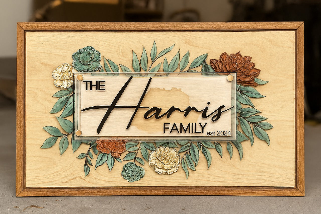 Wooden Family Name Plate with Acrylic Panel & 3D Letters Custom Wall Name Board