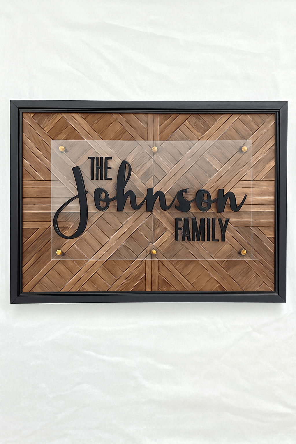 Personalized Family Name Sign - Solid Wood Herringbone Wall Art with Clear Acrylic Overlay, Black Framed Custom Last Name Home Decor