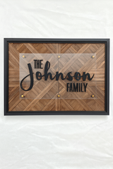 Personalized Family Name Sign - Solid Wood Herringbone Wall Art with Clear Acrylic Overlay, Black Framed Custom Last Name Home Decor