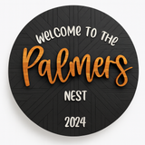 Custom Round Wood Welcome Sign for Front Door - Handcrafted Layered Wooden Wall Decor with Raised Script Letters