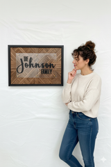 Personalized Family Name Sign - Solid Wood Herringbone Wall Art with Clear Acrylic Overlay, Black Framed Custom Last Name Home Decor