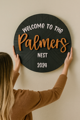 Custom Round Wood Welcome Sign for Front Door - Handcrafted Layered Wooden Wall Decor with Raised Script Letters