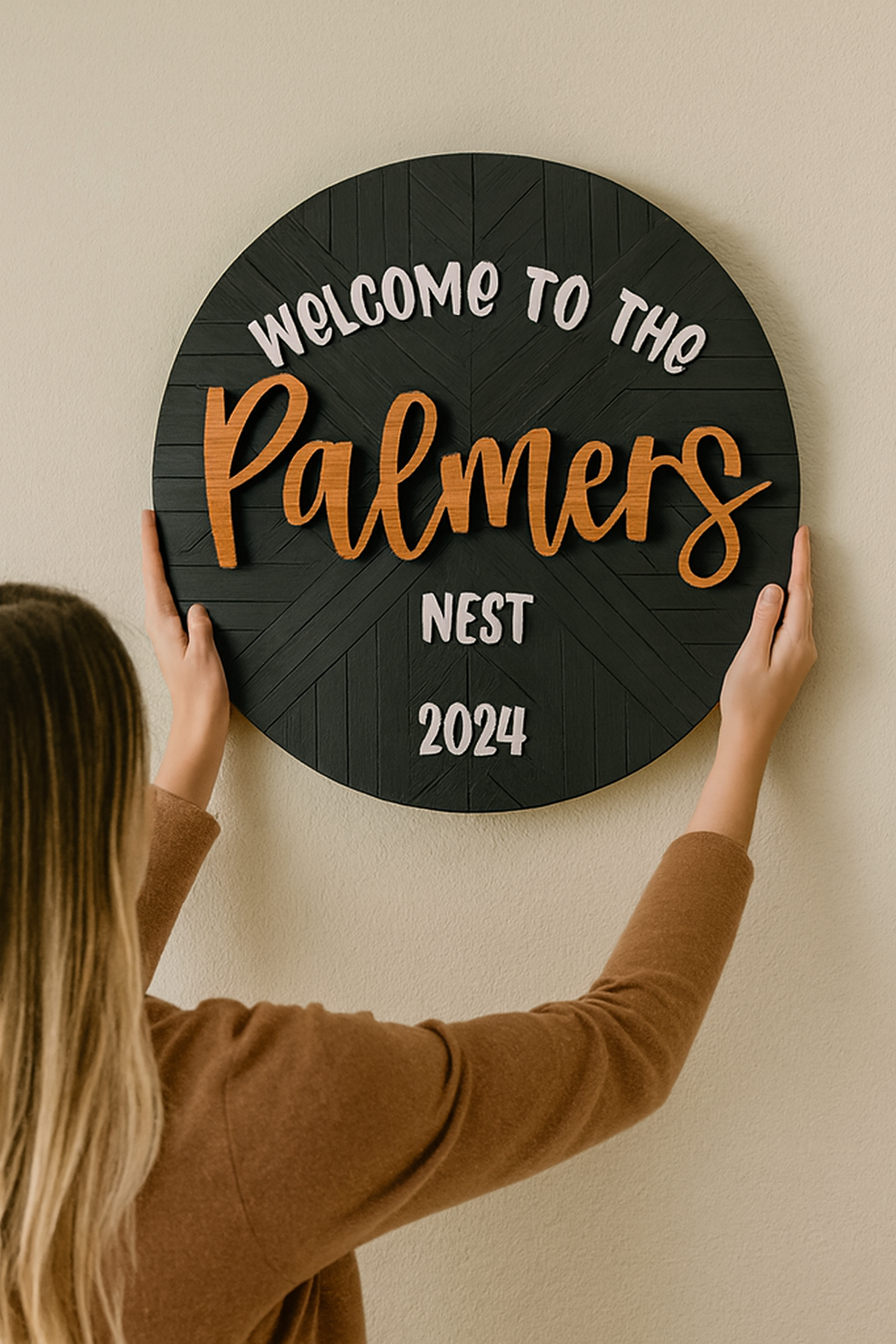 Custom Round Wood Welcome Sign for Front Door - Handcrafted Layered Wooden Wall Decor with Raised Script Letters