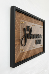 Personalized Family Name Sign - Solid Wood Herringbone Wall Art with Clear Acrylic Overlay, Black Framed Custom Last Name Home Decor