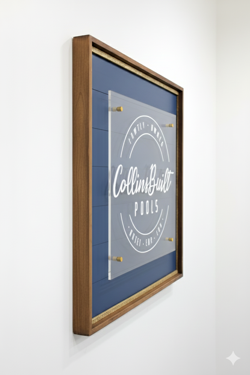 Personalized Clear Acrylic Sign with Solid Wood Frame - Modern Wall - Mounted Business Logo Sign with Metal Standoffs