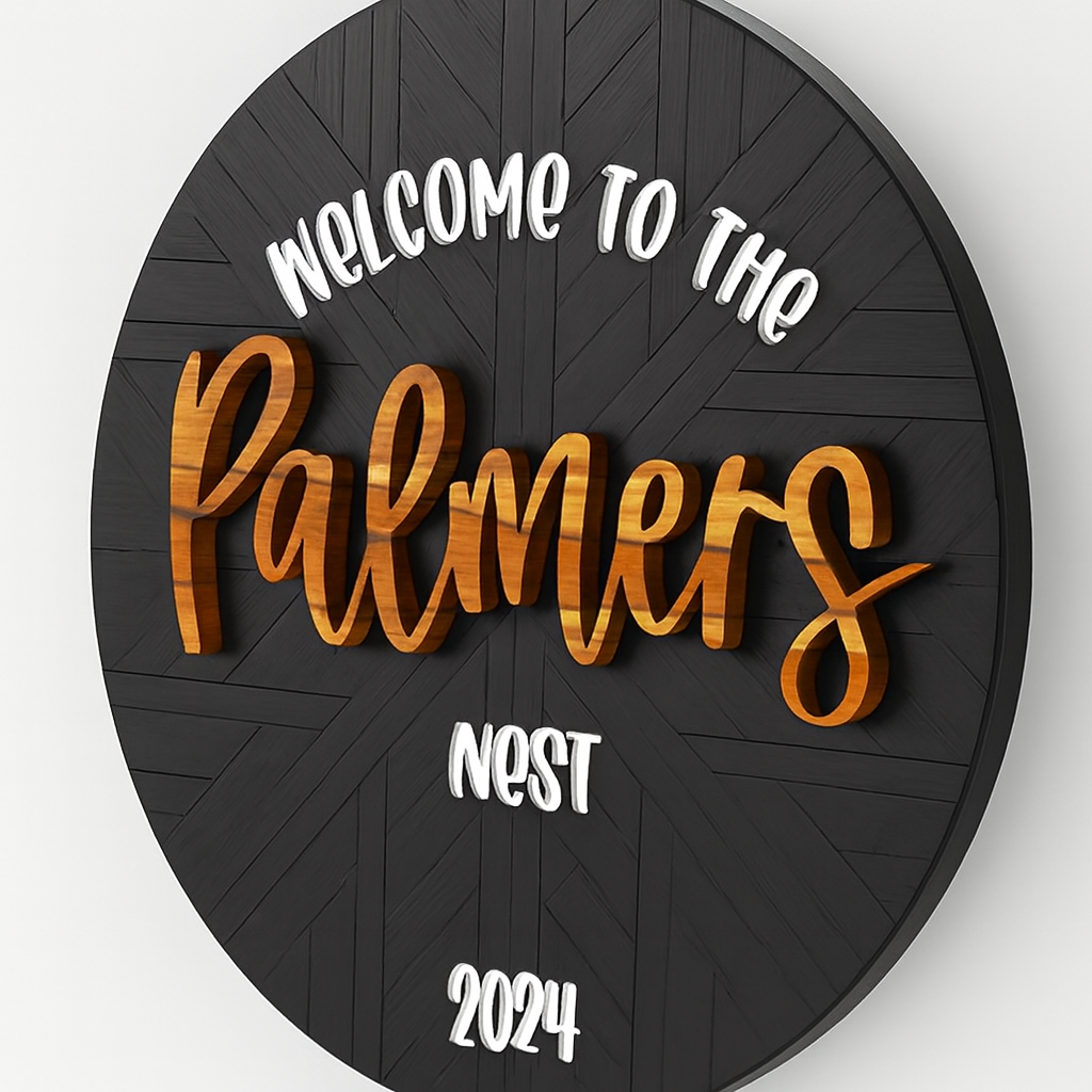 Custom Round Wood Welcome Sign for Front Door - Handcrafted Layered Wooden Wall Decor with Raised Script Letters
