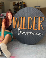 Custom Round Wooden Name Sign - Handcrafted Layered Wood Wall Decor with 3D Solid Wood Letters, Modern Farmhouse Style