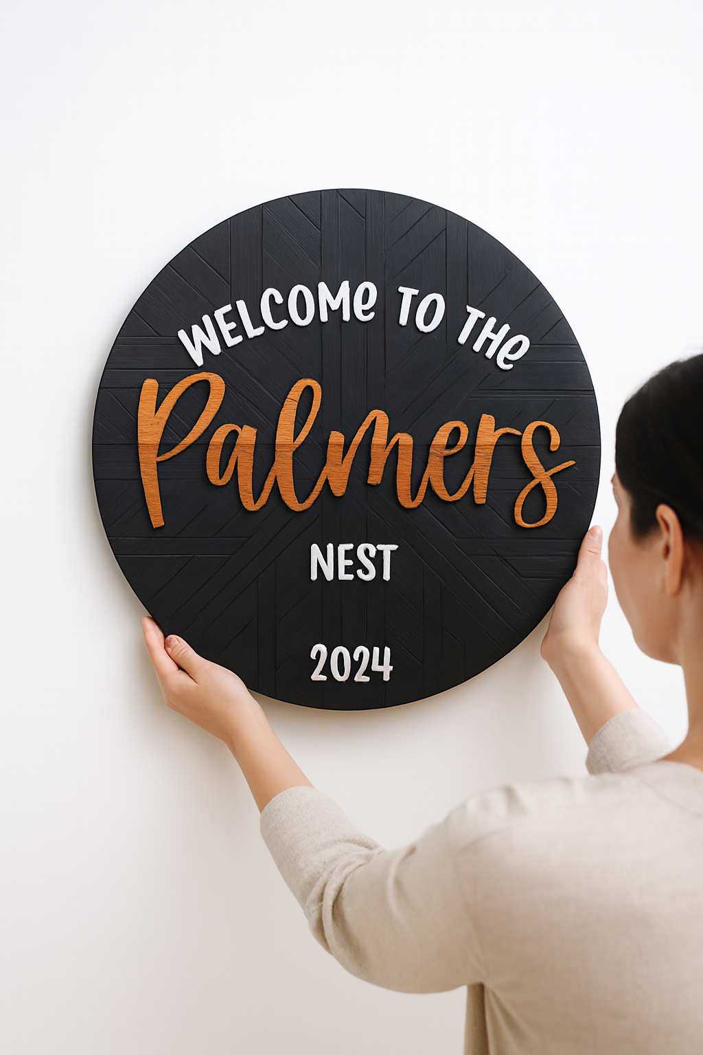 Custom Round Wood Welcome Sign for Front Door - Handcrafted Layered Wooden Wall Decor with Raised Script Letters