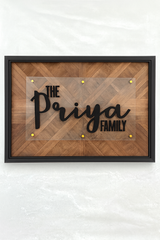 Personalized Family Name Sign - Solid Wood Herringbone Wall Art with Clear Acrylic Overlay, Black Framed Custom Last Name Home Decor