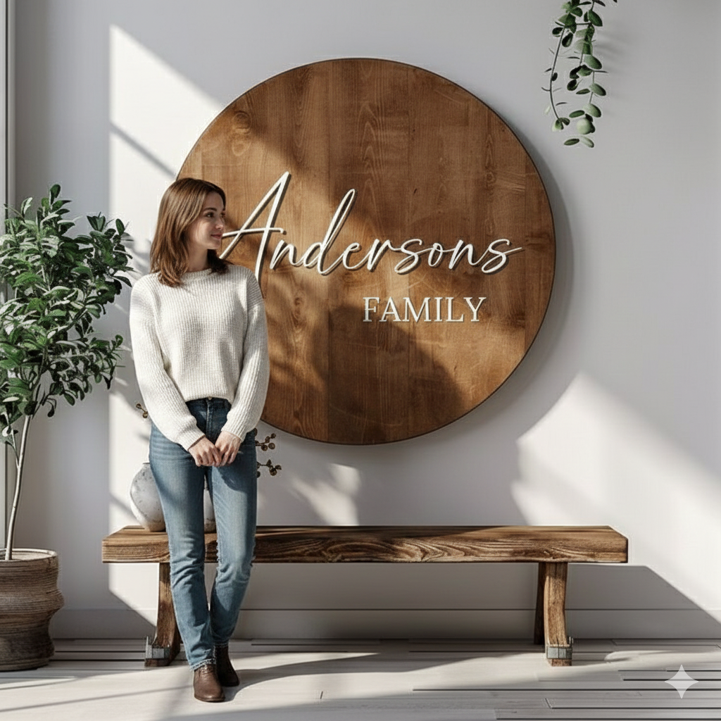 Custom Round Solid Wood Sign with Family Name - Handcrafted Wooden Wall Decor for Home EntryWay or Living Room